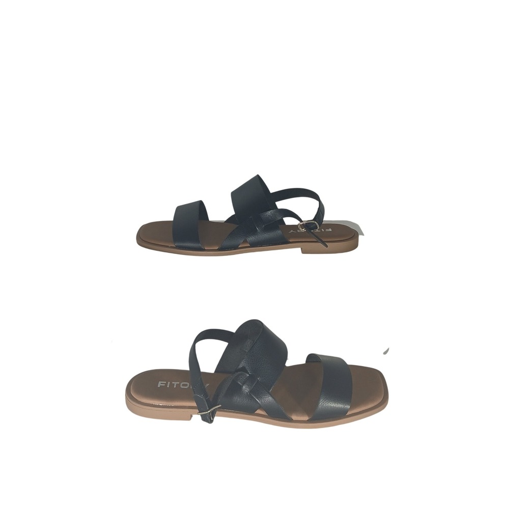 Fitory Flat Sandals Size 9 Black Faux Leather Strappy Square Toe Minimalist